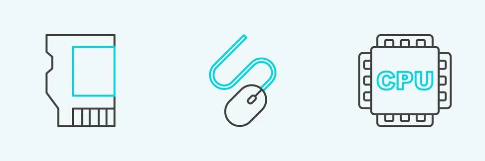 Set line Processor with CPU, SD card and Computer mouse icon. Vector 스톡 일러스트