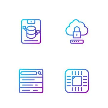 Set line Processor with CPU, Search engine, Server, Data, Web Hosting and Cloud Stock Illustration