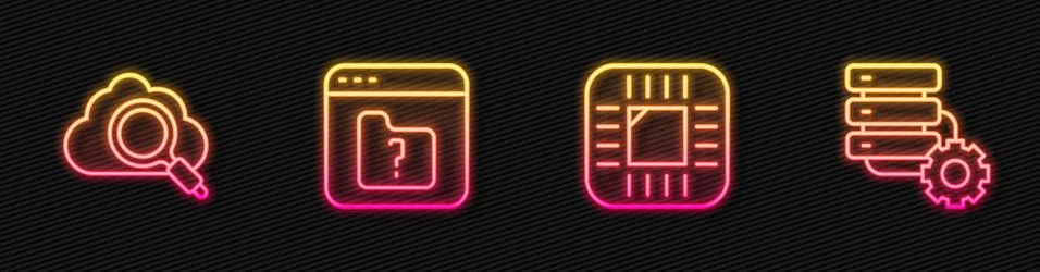 Set line Processor with CPU, Search cloud computing, File missing and Server and Stock Illustration