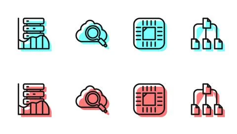 Set line Processor with CPU, Server, Data, Web Hosting, Search cloud computing Illustrazione stock