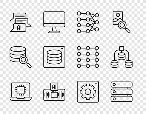 Set line Processor CPU, Server, Data, Neural network, Artificial intelligence AI Illustrazione stock