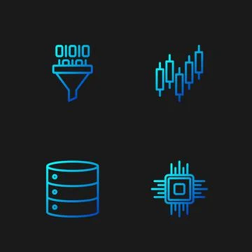 Set line Processor CPU, Server, Binary code and Browser with stocks market Stockillustratie