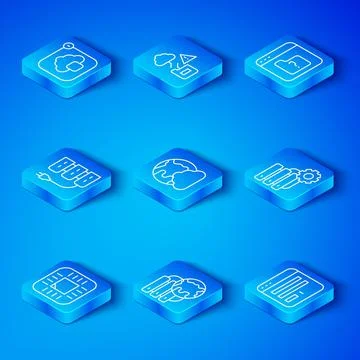 Set line Processor with CPU, Social network, Network cloud connection, Server Stock Illustration