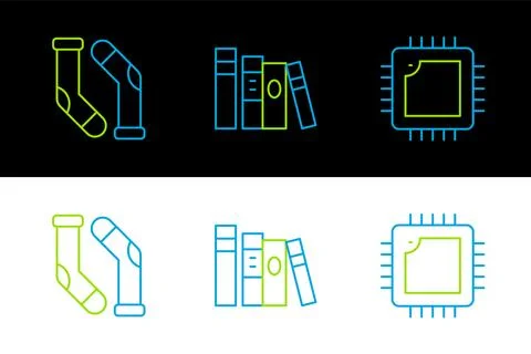 Set line Processor with CPU, Socks and Book icon. Vector 库存插图