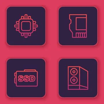 Set line Processor with CPU, SSD card, and Case of computer. Blue square button Stock Illustration