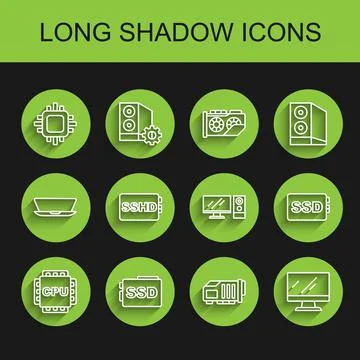 Set line Processor with CPU, SSD card, Video graphic, Computer monitor screen 스톡 일러스트