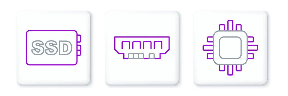 Set line Processor with CPU, SSD card and RAM, random access memory icon. Vec Stock Illustration