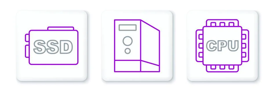 Set line Processor with CPU, SSD card and Case of computer icon. Vector 스톡 일러스트