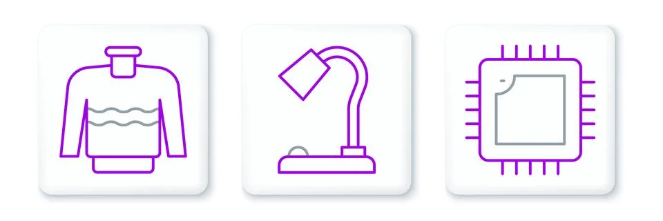 Set line Processor with CPU, Sweater and Table lamp icon. Vector 库存插图