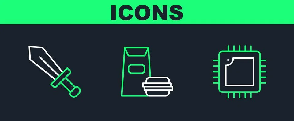 Set line Processor with CPU, Sword for game and Burger icon. Vector Stockillustratie