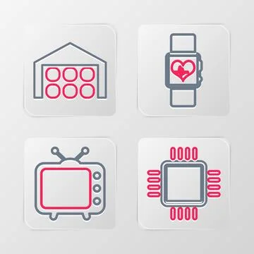 Set line Processor with CPU, Television tv, Smart watch heart beat rate and.. Stock Illustration