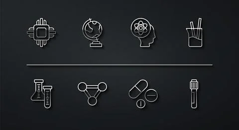 Set line Processor CPU, Test tube, Laboratory glassware, Medicine pill tablet Illustrazione stock