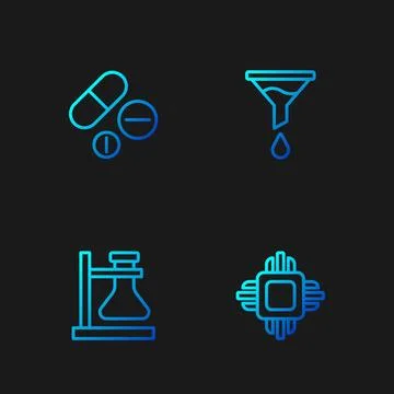 Set line Processor CPU, Test tube flask on stand, Medicine pill tablet and .. Stock-Illustration