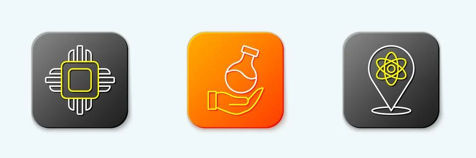 Set line Processor CPU, Test tube and Atom icon. Vector Stock Illustration