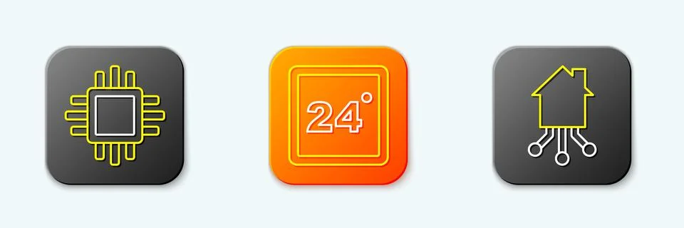 Set line Processor with CPU, Thermostat and Smart home icon. Vector Ilustración de archivo