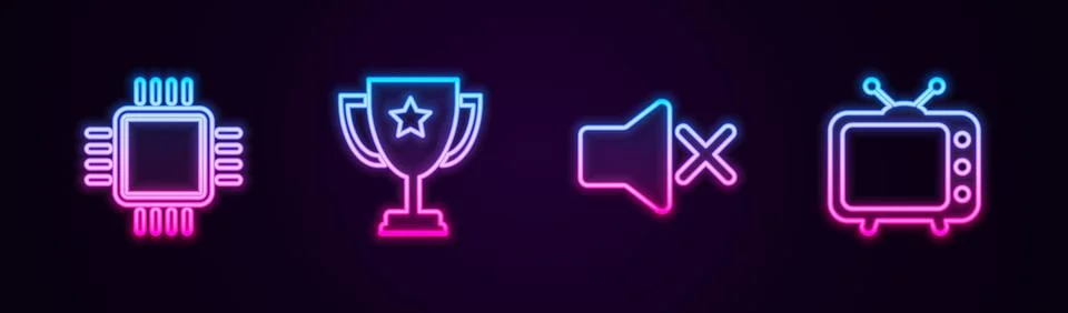 Set line Processor with CPU, Trophy cup, Speaker mute and Television tv. Glowing 库存插图