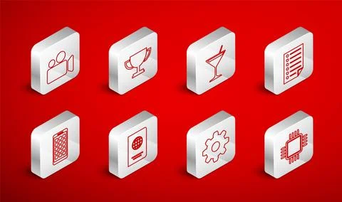 Set line Processor with CPU, Trophy cup, Martini glass, Document, Cogwheel .. Stock Illustration