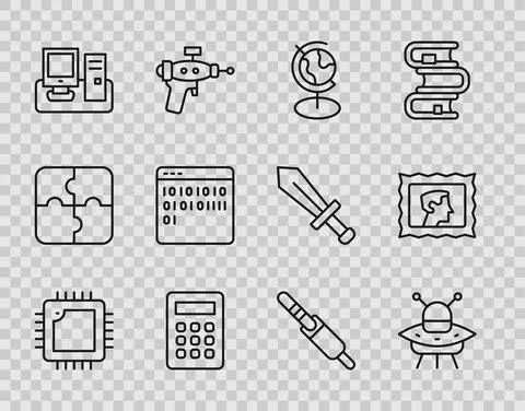 Set line Processor with CPU, UFO flying spaceship, Earth globe, Calculator Illustrazione stock