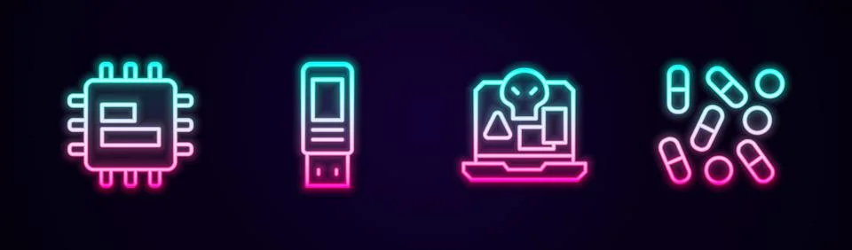 Set line Processor CPU, USB flash drive, Internet piracy and Medical pill Illustrazione stock