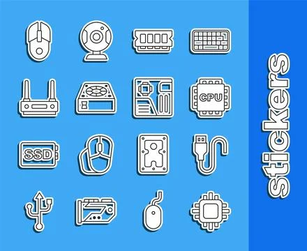 Set line Processor with CPU, USB cable cord, RAM, random access memory, Com.. Stock Illustration