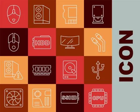 Set line Processor with CPU, USB, LAN cable network internet, SD card, Hard.. Stock Illustration