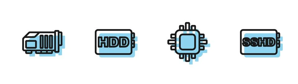 Set line Processor with CPU, Video graphic card, Hard disk drive HDD and SSHD Stockillustratie