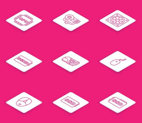 Set line Processor with CPU, Web camera, Computer cooler, SSHD card, Video Stock Illustration