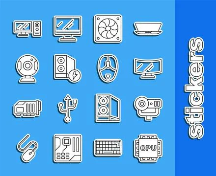 Set line Processor with CPU, Web camera, Computer monitor screen, cooler, C.. Illustrazione stock