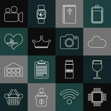 Set line Processor with CPU, Wine glass, Cloud, Holy bible book, Crown, Heart Illustrazione stock