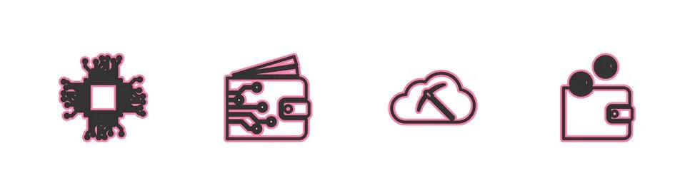Set line Processor, Cryptocurrency cloud mining, wallet and icon. Vector Illustrazione stock