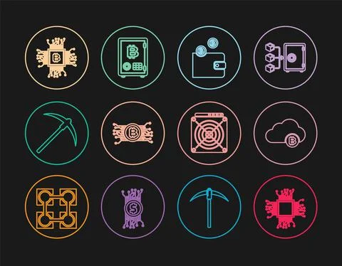 Set line Processor, Cryptocurrency cloud mining, wallet, bitcoin circuit Stock Illustration