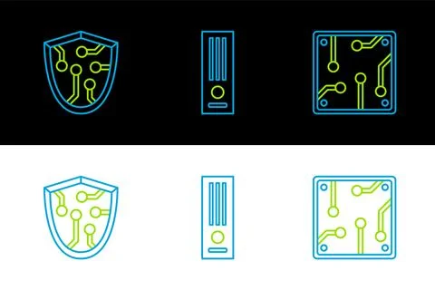 Set line Processor, Cyber security and Video game console icon. Vector Stock Illustration