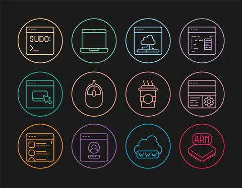 Set line Processor, Debugging, Cloud technology data transfer, Computer mouse Illustrazione stock