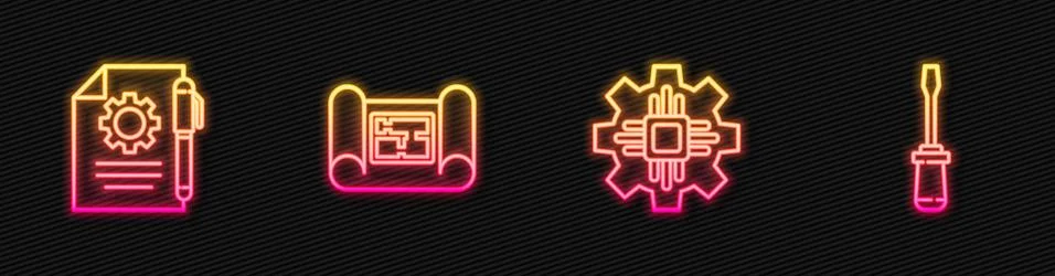 Set line Processor, Document settings and pen, House plan and Screwdriver Illustrazione stock