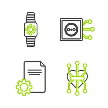 Set line Processor, File document, Remote control and Smartwatch icon. Vector Stock Illustration