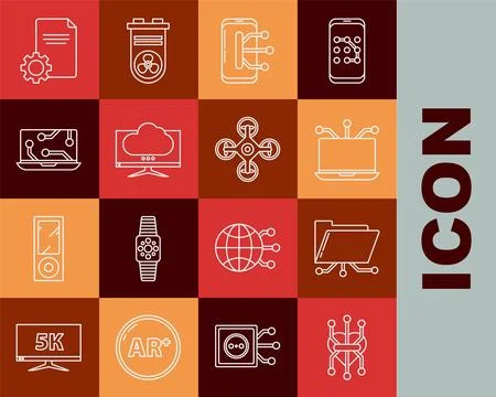 Set line Processor, Folder and lock, Laptop, Smartphone, mobile phone, Computer Illustrazione stock