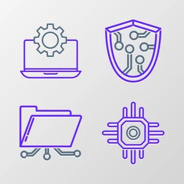 Set line Processor, Folder and lock, Cyber security and Laptop gear icon. Vector Stock Illustration