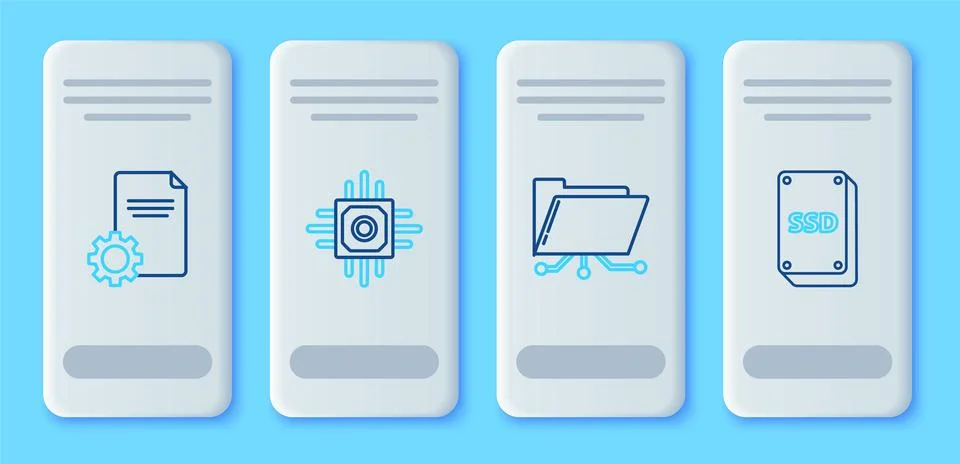 Set line Processor, Folder and lock, File document and SSD card icon. Vector Stock Illustration