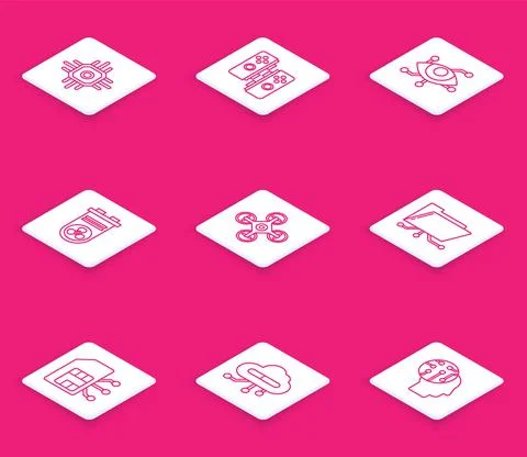 Set line Processor, Gamepad, Virtual reality, Video graphic card, Drone, Folder Stock Illustration