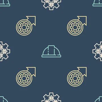 Set line Processor, Gear and arrows as workflow process and Worker safety helmet Illustrazione stock