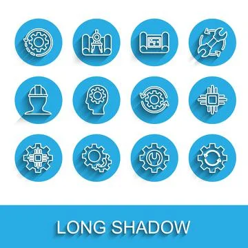 Set line Processor, Gear, and arrows as workflow, Wrench spanner gear, Human Illustrazione stock