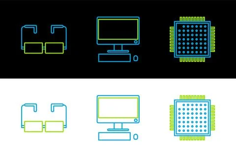 Set line Processor, Glasses and Computer monitor with keyboard and mouse ic.. Illustrazione stock