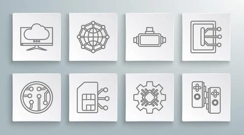 Set line Processor, Global technology social network, Sim card, Gamepad, Virtual Stock Illustration
