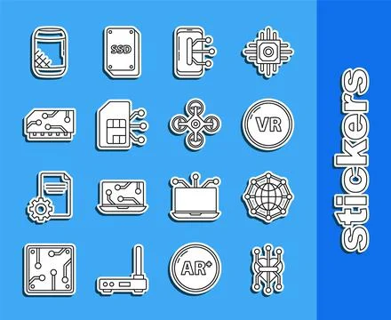 Set line Processor, Global technology social network, Virtual reality, Smartp Illustrazione stock