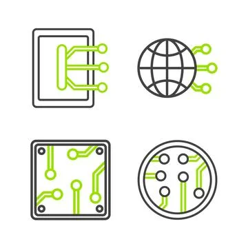 Set line Processor, Global technology social network and Tablet icon. Vector Illustrazione stock
