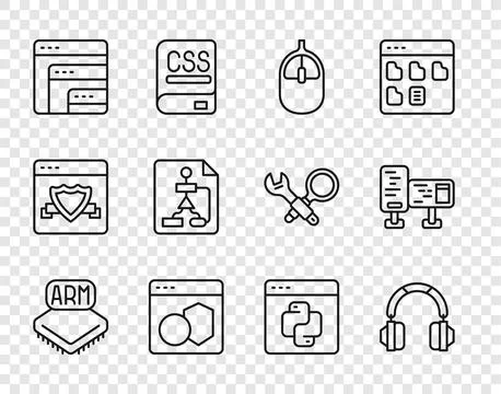Set line Processor, Headphones, Computer mouse, Software, Flowchart, Python.. Stock Illustration