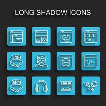 Set line Processor, Headphones, Software, Keyboard, Debugging, Hacker coder, and イラスト素材