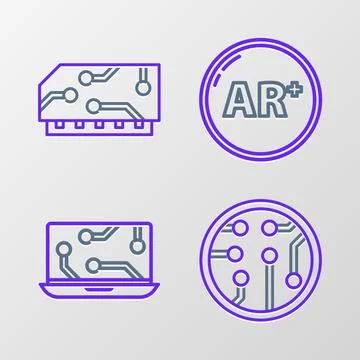 Set line Processor, Laptop, Ar, augmented reality and RAM, random access me.. Illustrazione stock