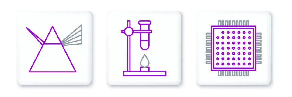 Set line Processor, Light rays in prism and Glass test tube flask on fire heater Illustrazione stock