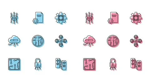 Set line Processor, Lock on digital circuit board, Gamepad, Drone, Internet.. Stock Illustration